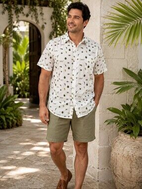 Vélez Linen Cotton Jungle Print Button Up Shirt XL Toucan Leopard Resort